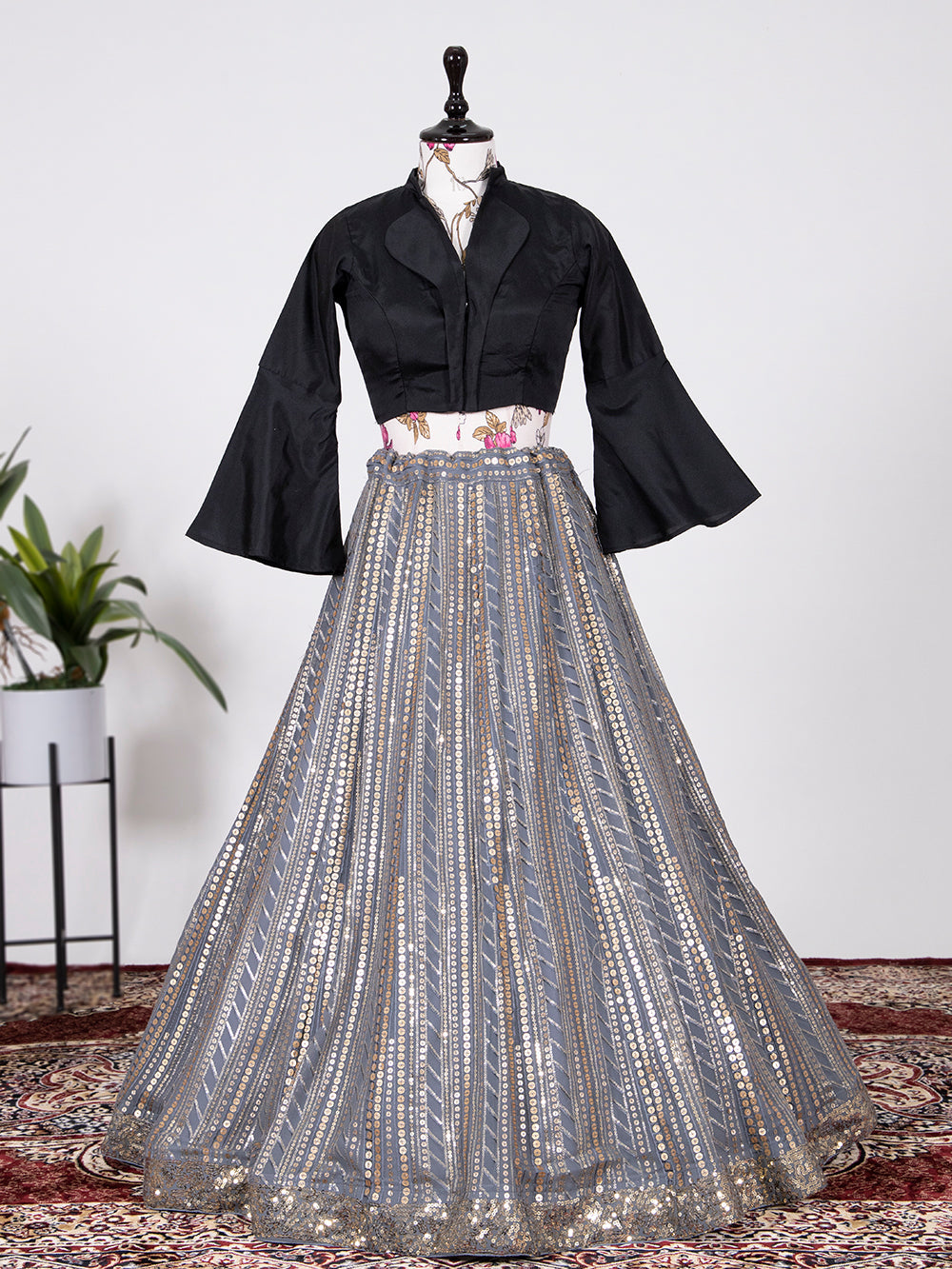 Grey Color Sequins And Thread Embroidery Work Georgette Lehenga Choli