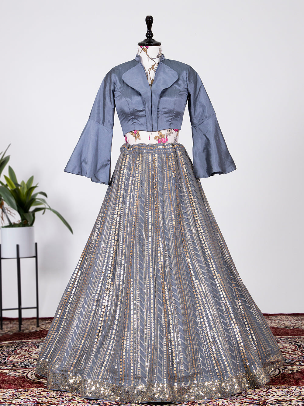 Grey Color Sequins And Thread Embroidery Work Georgette Lehenga Choli