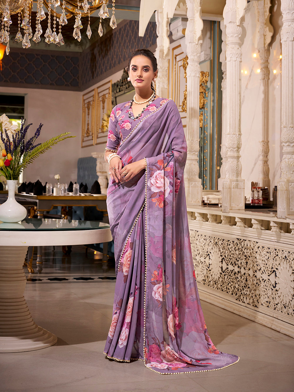 Grey georgette printed saree with pearl lace border