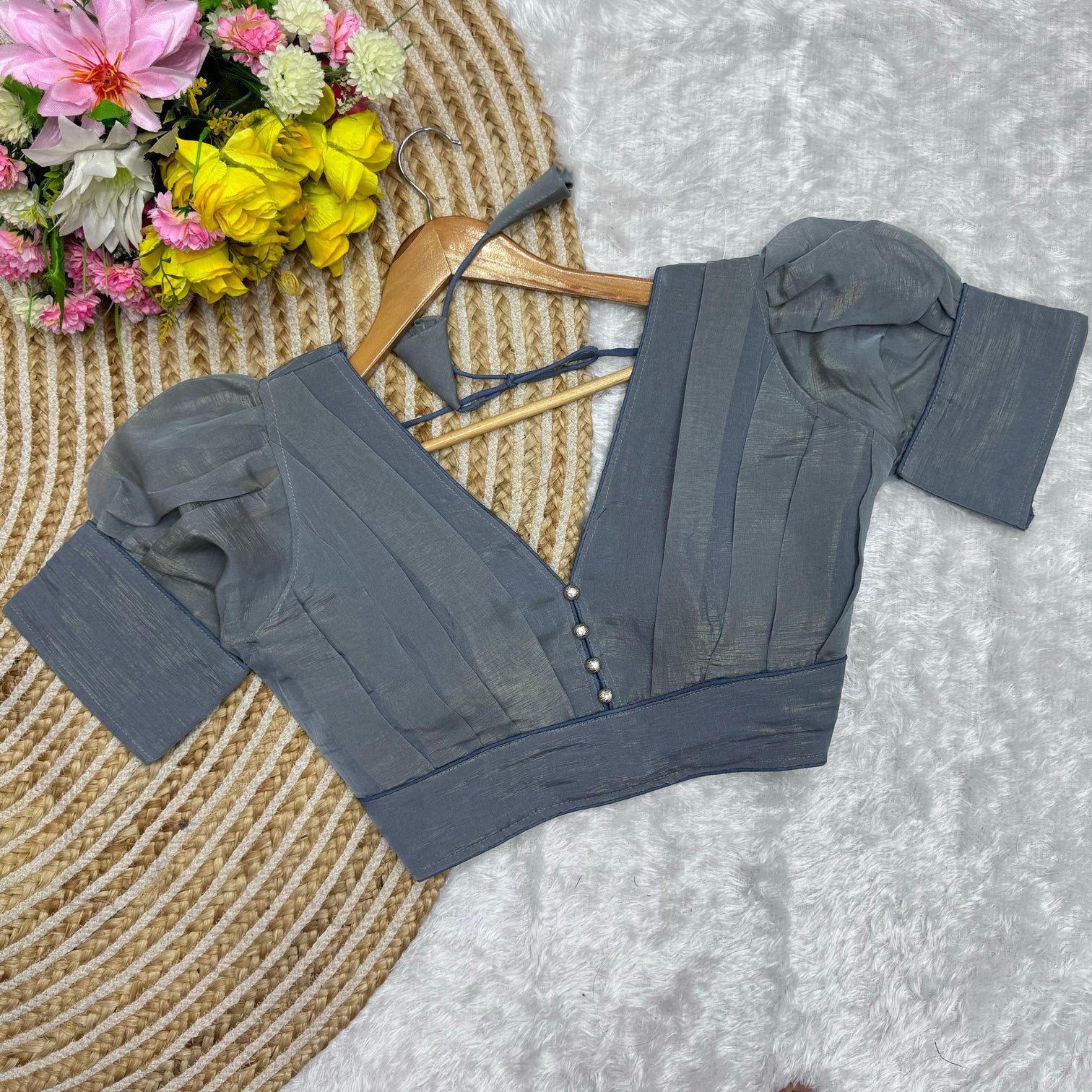 Grey Color Metallic Jari Blouse with Ruffled Pattern and Balloon Sleeves