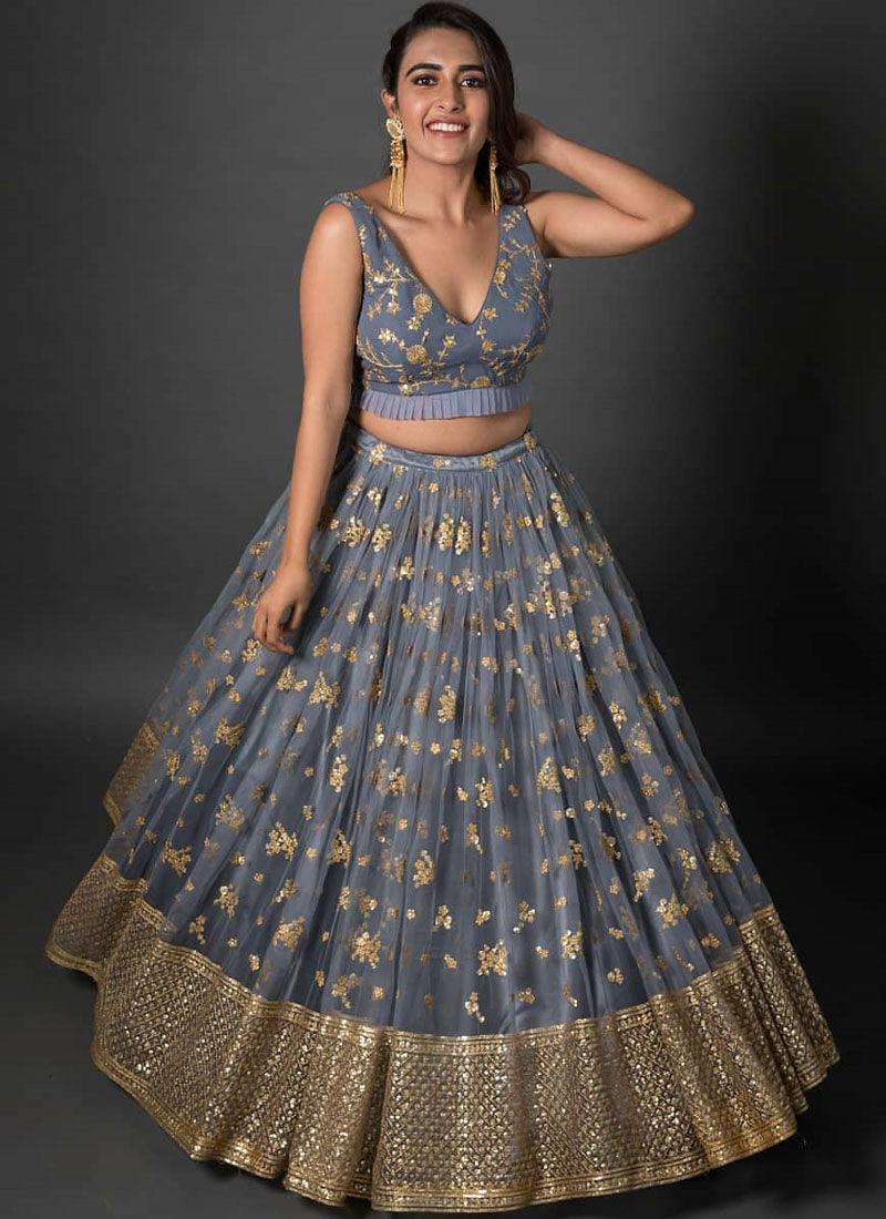 Grey Color Party Wear Soft Net Full Flared Base Designer Lehenga Choli