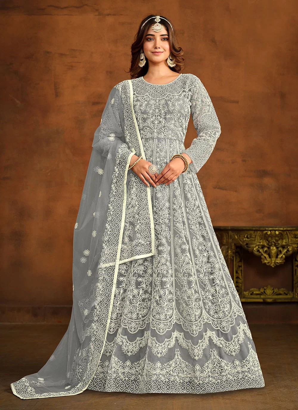 Grey color resham work indian anarkali in net