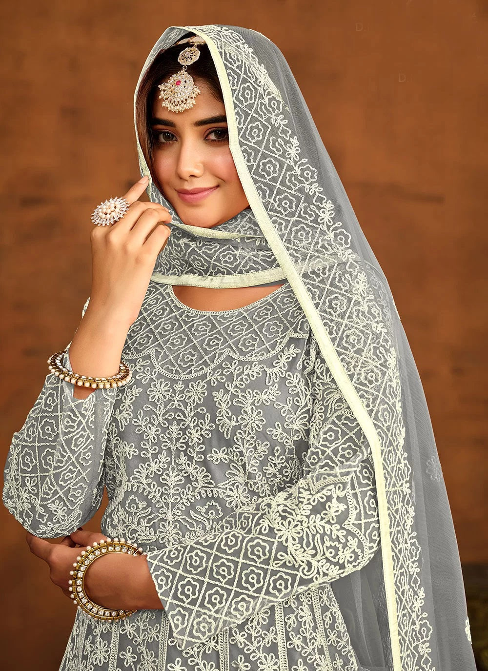Grey color resham work indian anarkali in net