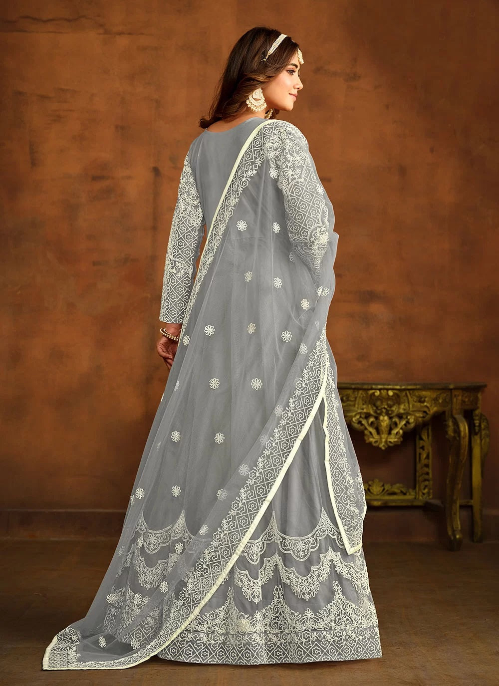 Grey color resham work indian anarkali in net