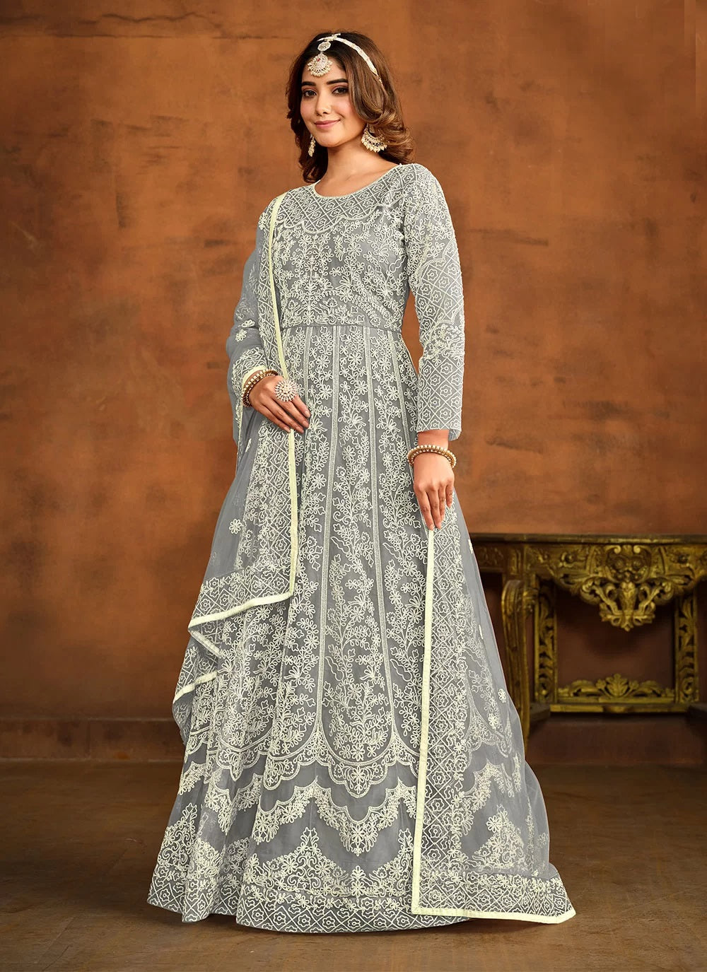 Grey color resham work indian anarkali in net