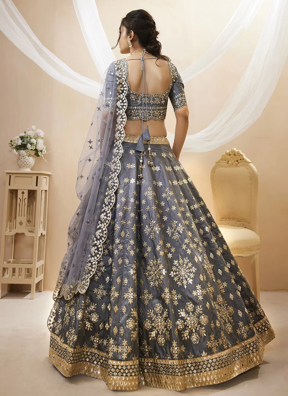 Grey color sequins embroidered art silk lehenga