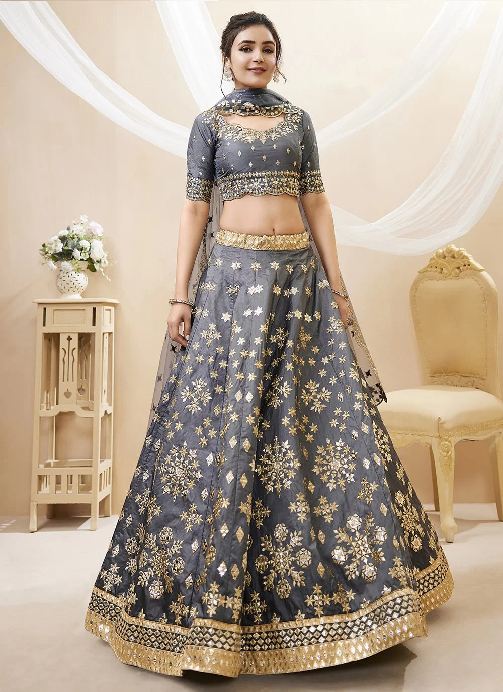 Grey color sequins embroidered art silk lehenga