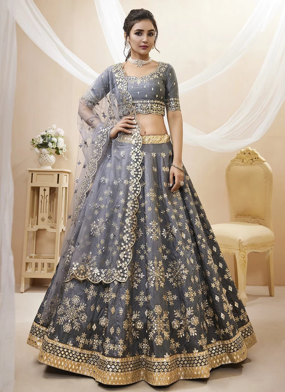 Grey color sequins embroidered art silk lehenga