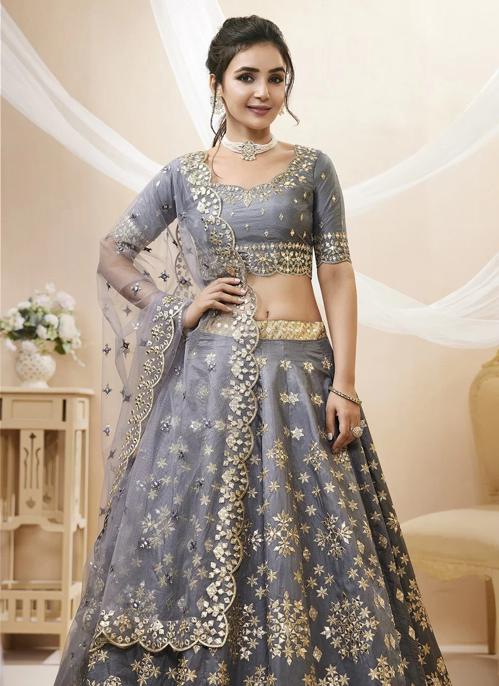 Grey color sequins embroidered art silk lehenga