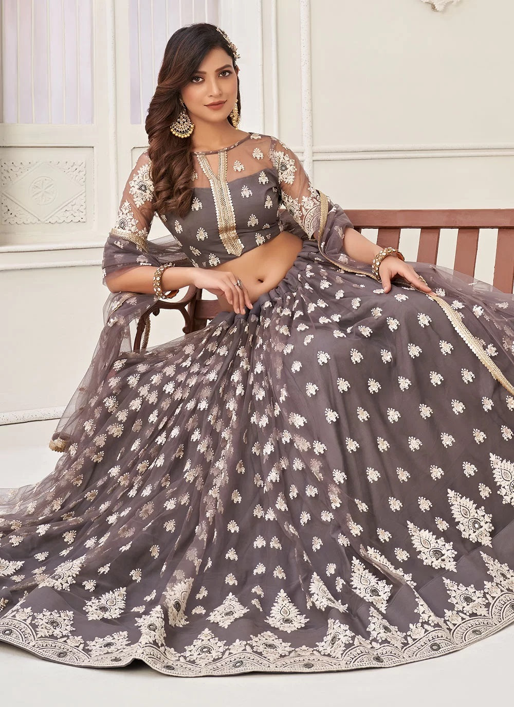 Grey color sequins thread embroidery lehenga in net