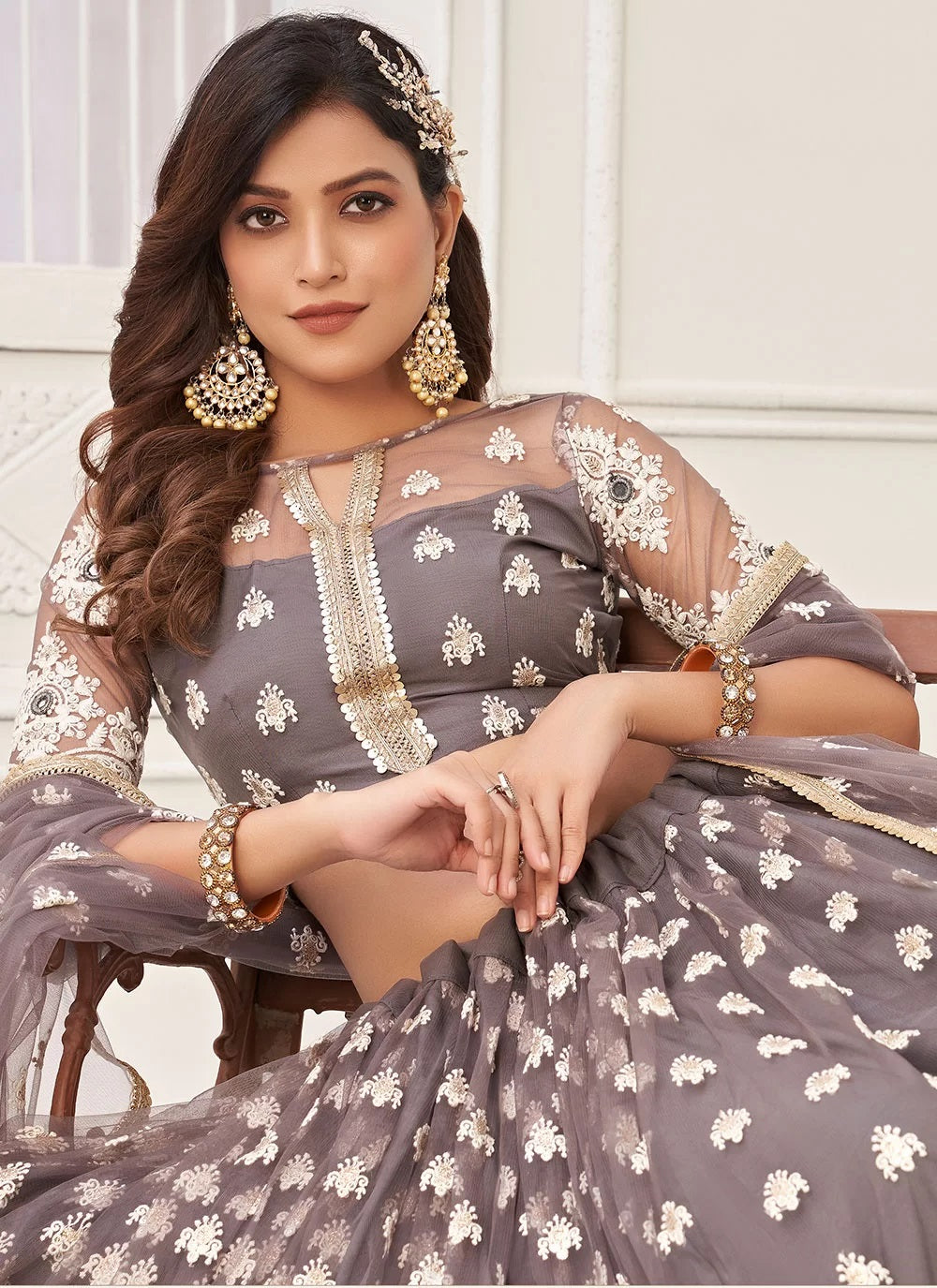 Grey color sequins thread embroidery lehenga in net