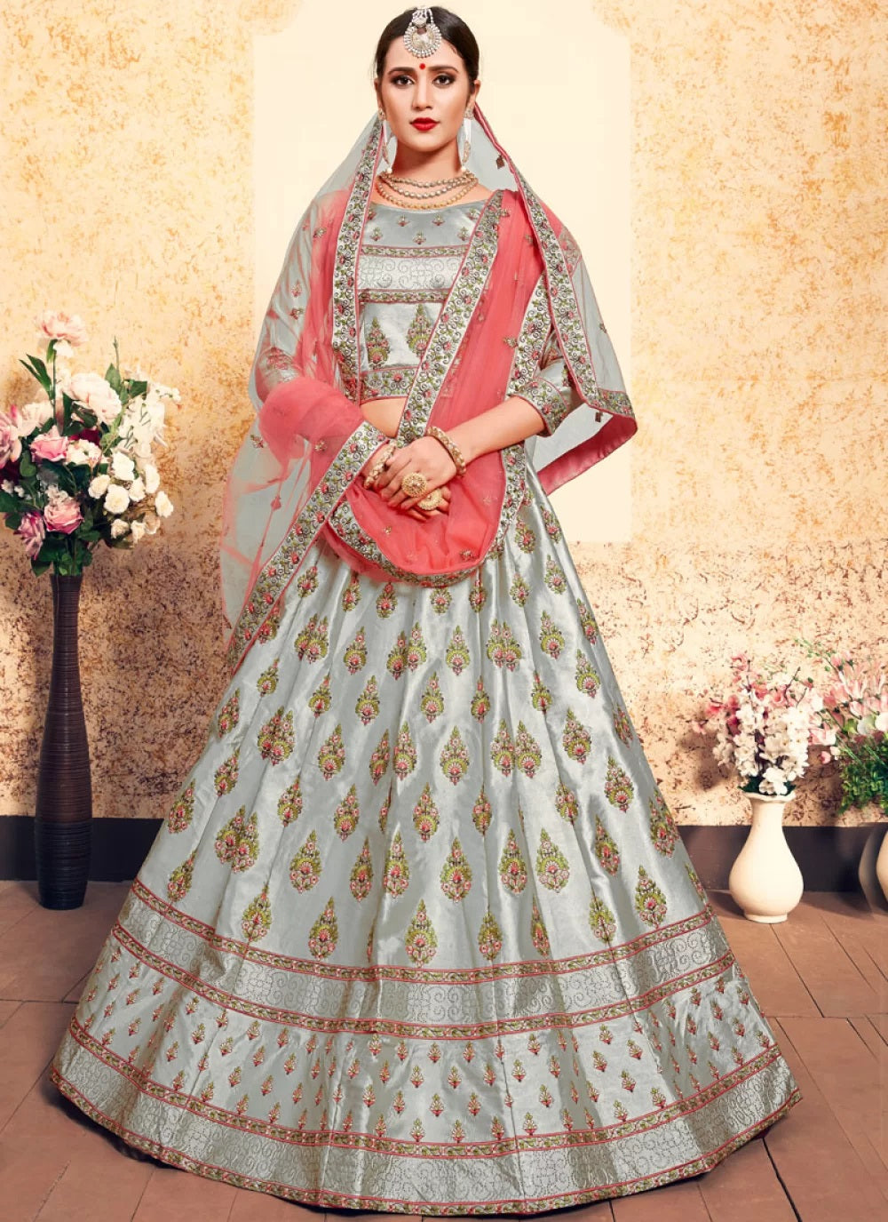 Grey color wedding wear satin fabric lehenga choli