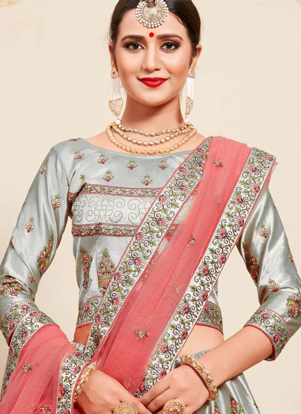 Grey color wedding wear satin fabric lehenga choli