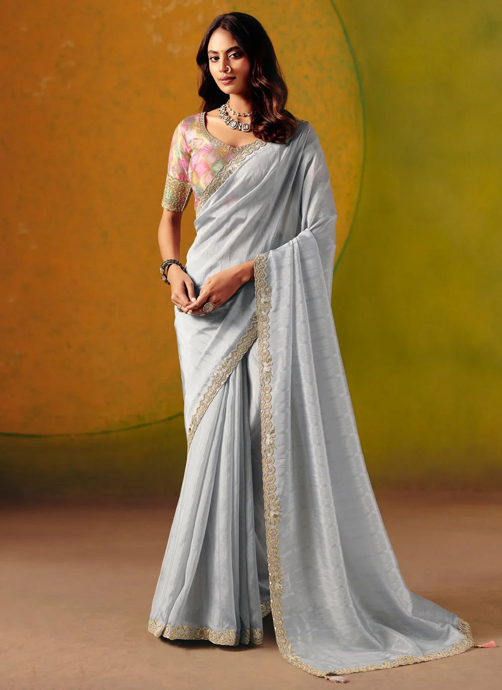 Grey designer party wear saree in smooth zari silk with ready blouse