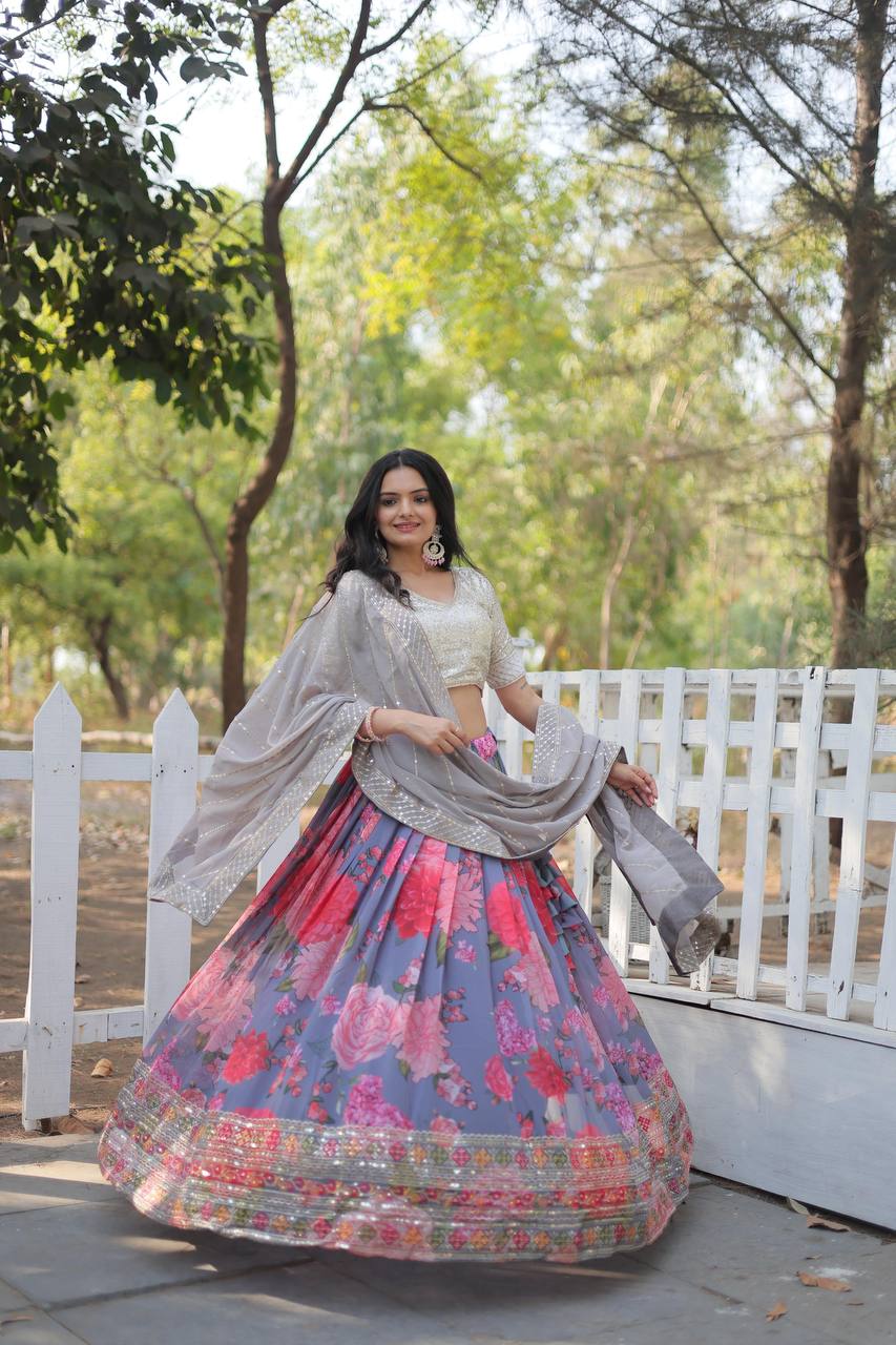 Grey Digital Printed Georgette Lehenga Choli with Sequins Embroidery