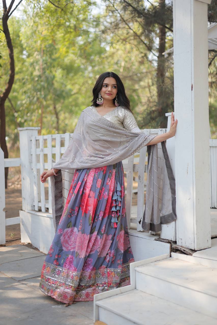 Grey Digital Printed Georgette Lehenga Choli with Sequins Embroidery
