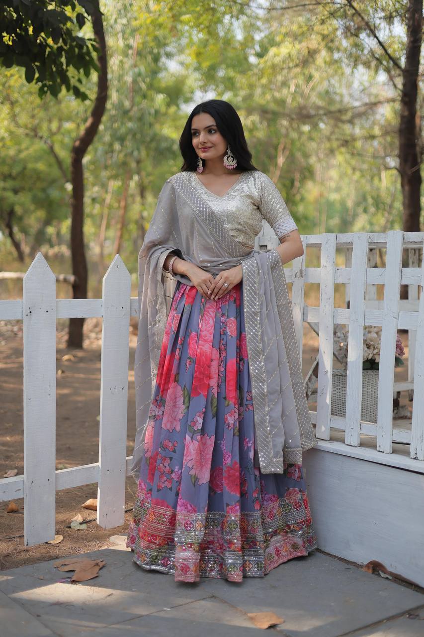 Grey Digital Printed Georgette Lehenga Choli with Sequins Embroidery