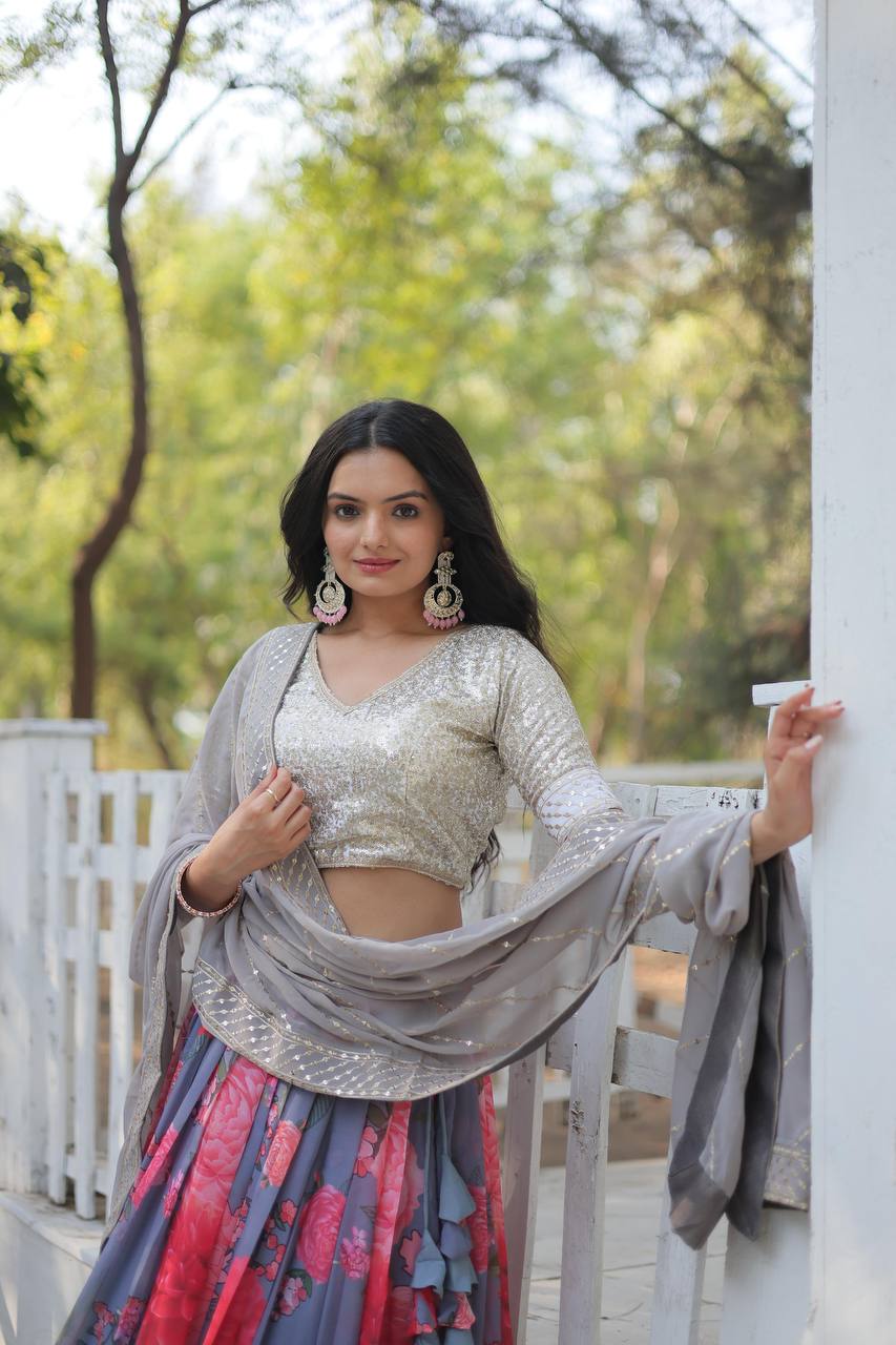 Grey Digital Printed Georgette Lehenga Choli with Sequins Embroidery