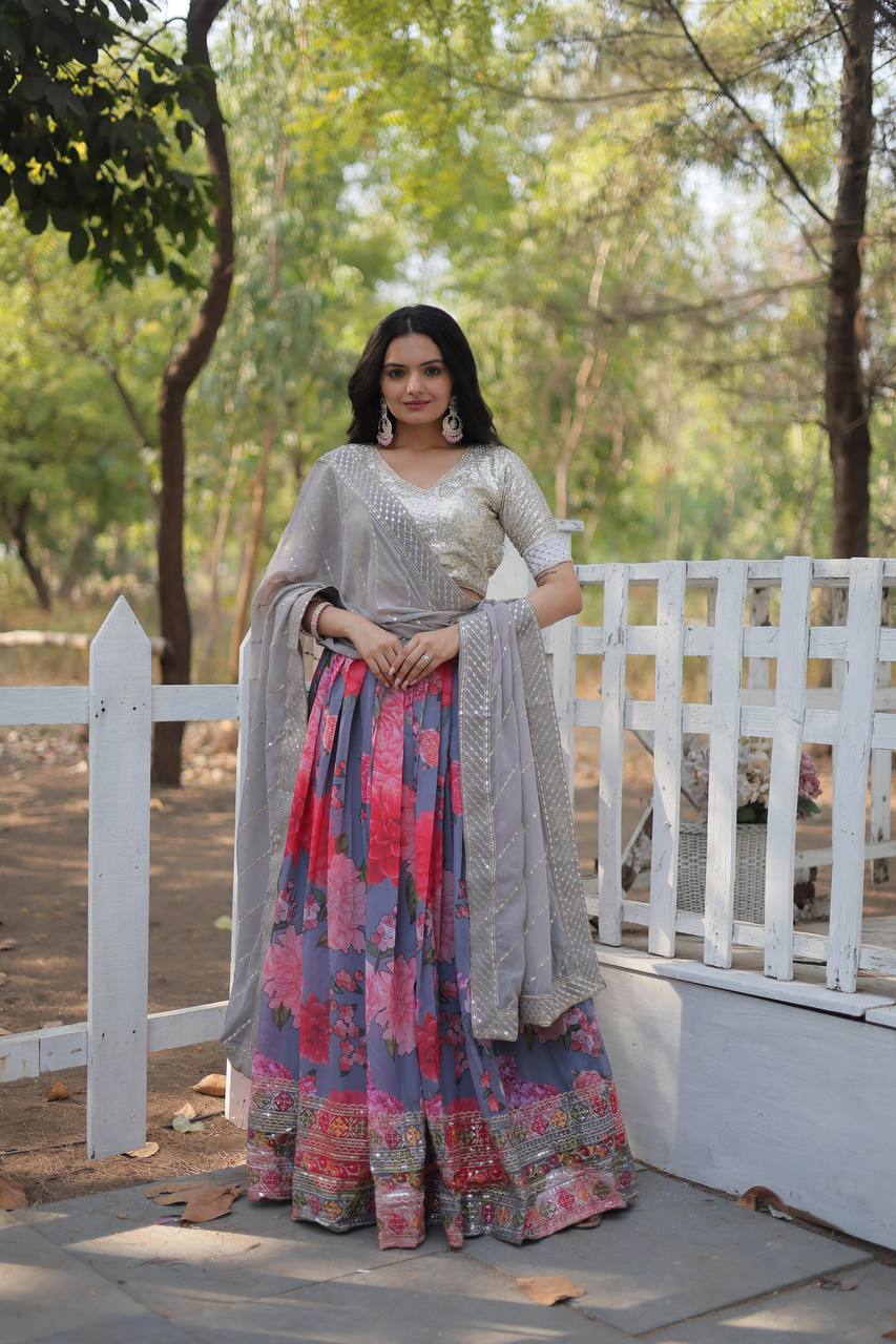 Grey Digital Printed Georgette Lehenga Choli with Sequins Embroidery