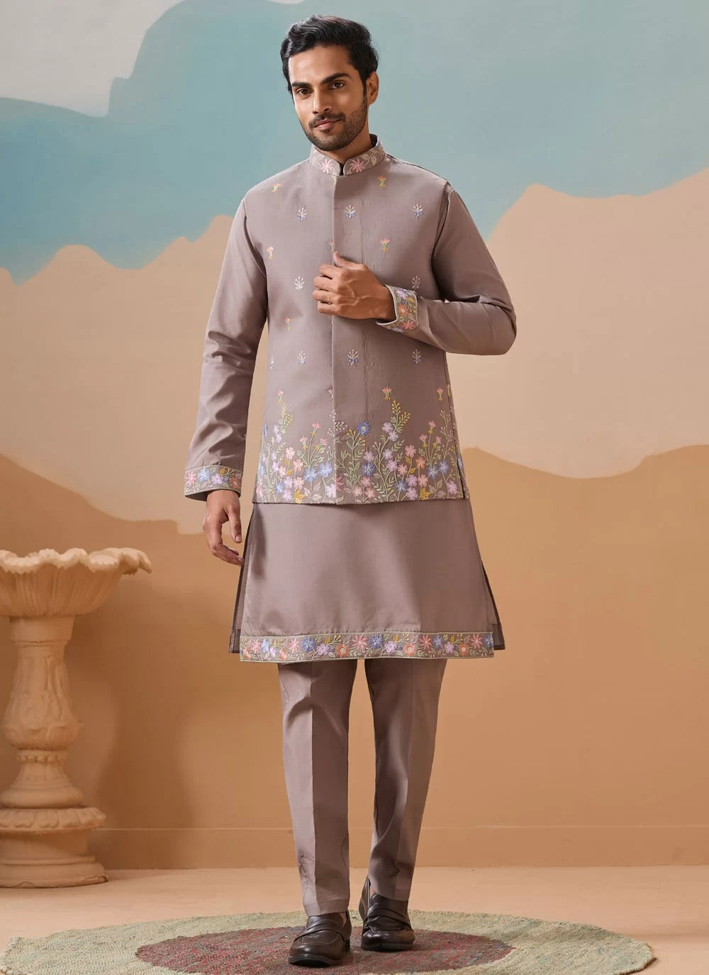 Classic grey embroidered koti kurta set for men in viscose silk