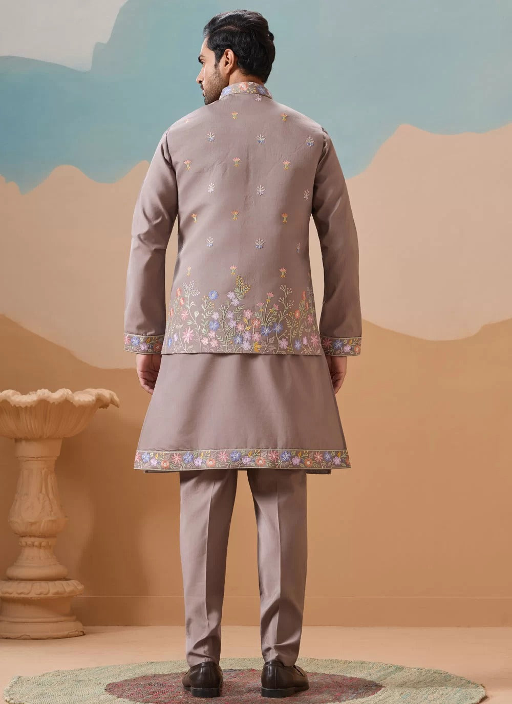 Classic grey embroidered koti kurta set for men in viscose silk