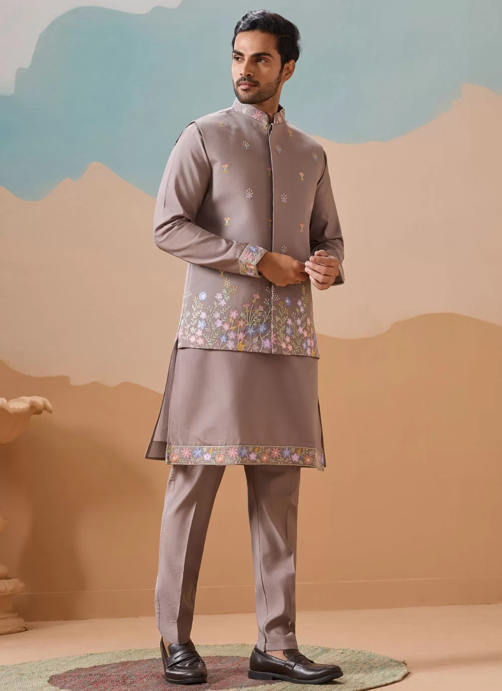 Classic grey embroidered koti kurta set for men in viscose silk
