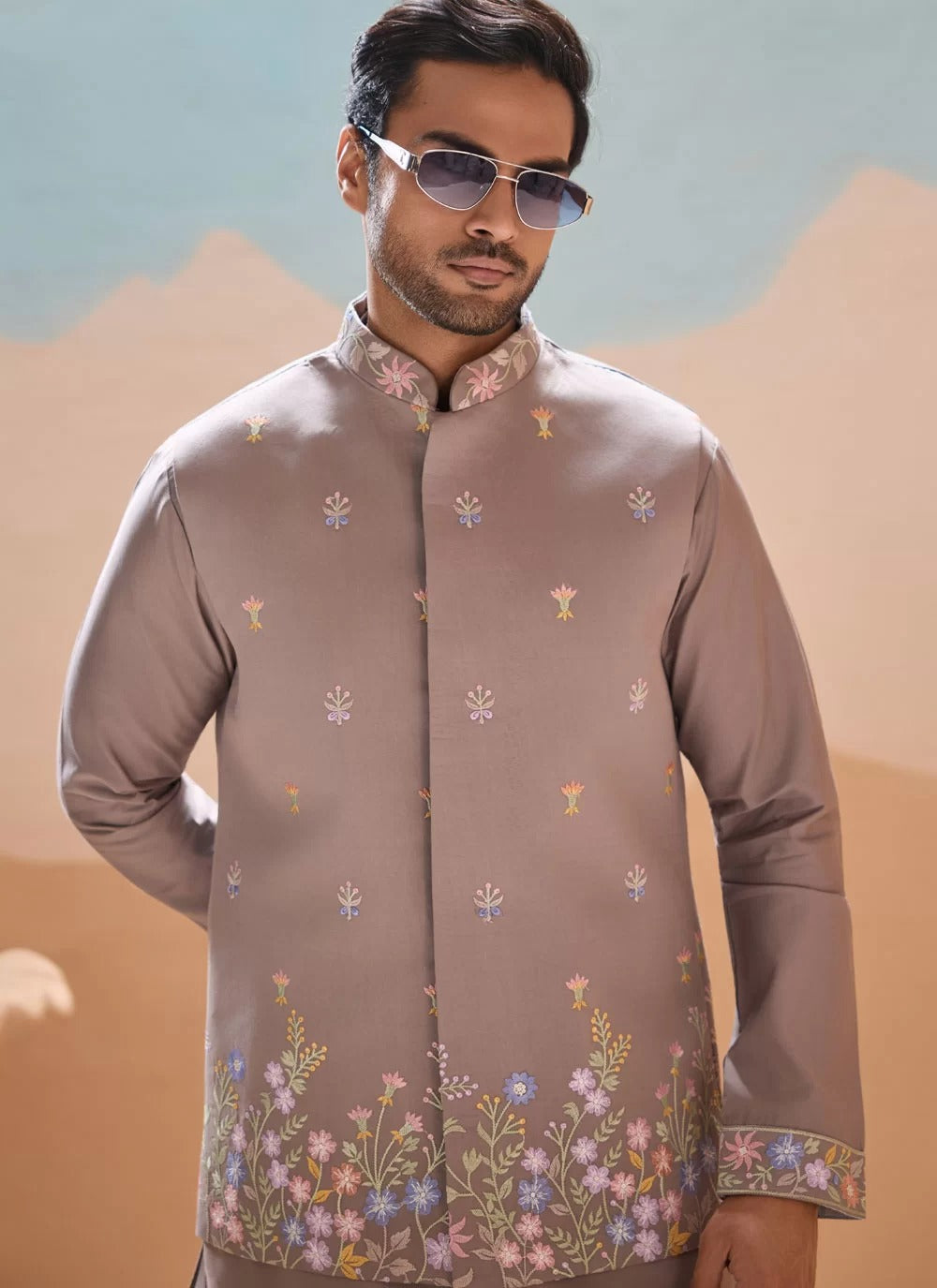 Classic grey embroidered koti kurta set for men in viscose silk