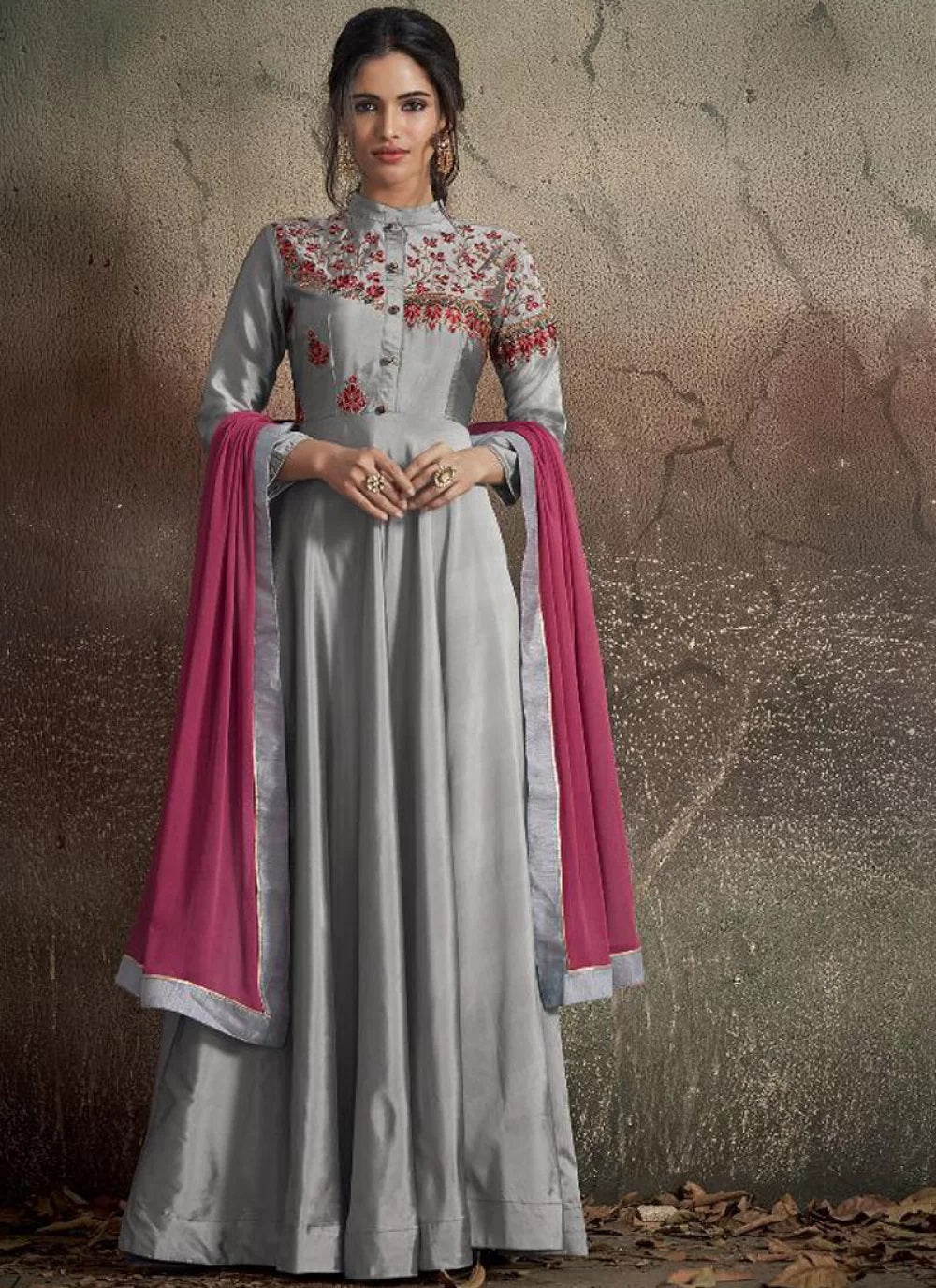 Grey embroidered readymade gown