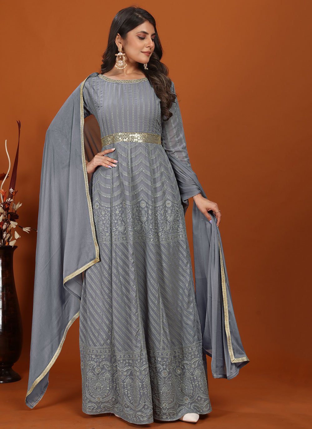 Grey faux georgette embroidered ready to wear gown