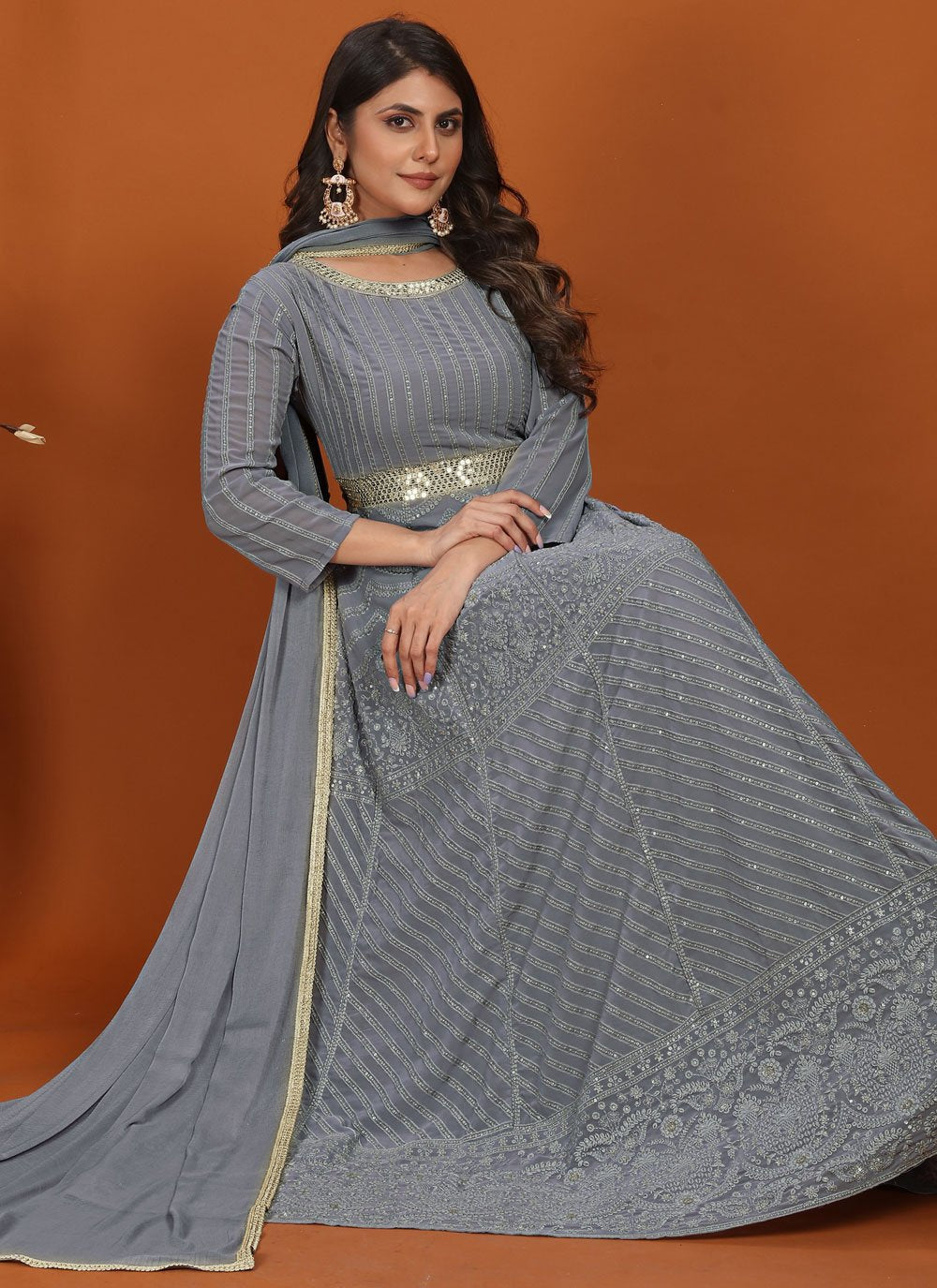 Grey faux georgette embroidered ready to wear gown