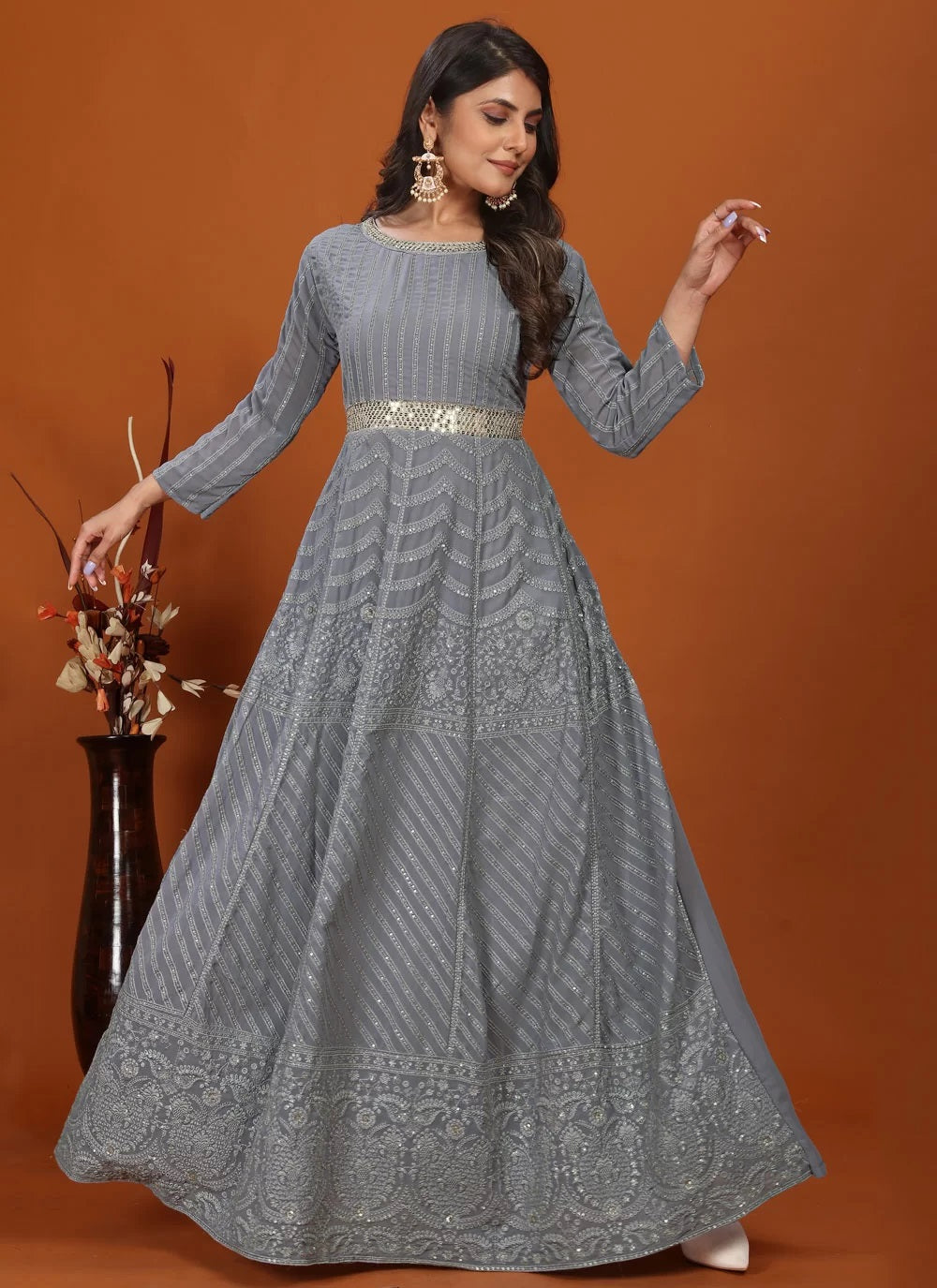 Grey faux georgette embroidered ready to wear gown