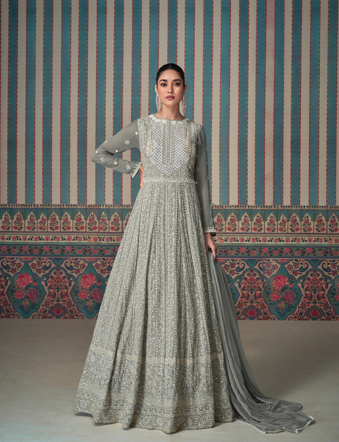 Grey Faux Georgette Gown & Dupatta