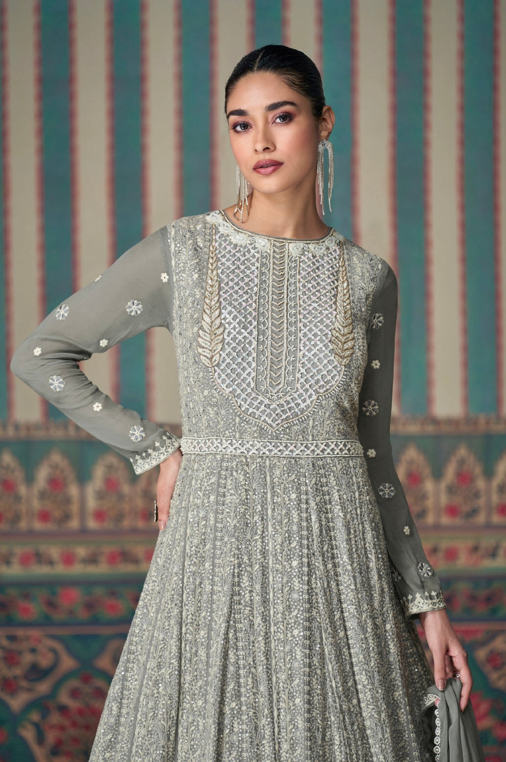 Grey Faux Georgette Gown & Dupatta