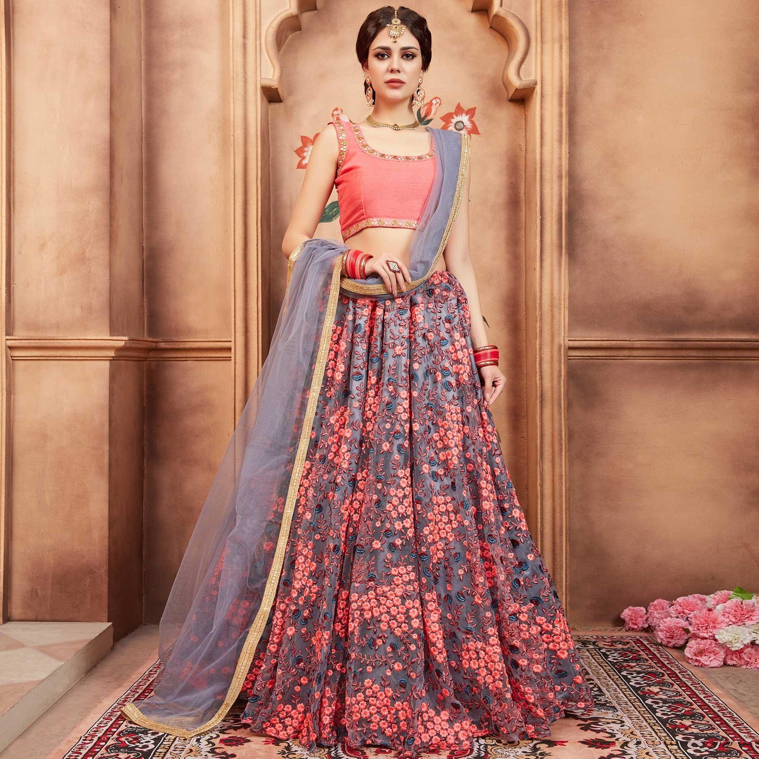Grey Festive Wear Thread Zari Work Soft Net Lehenga Choli