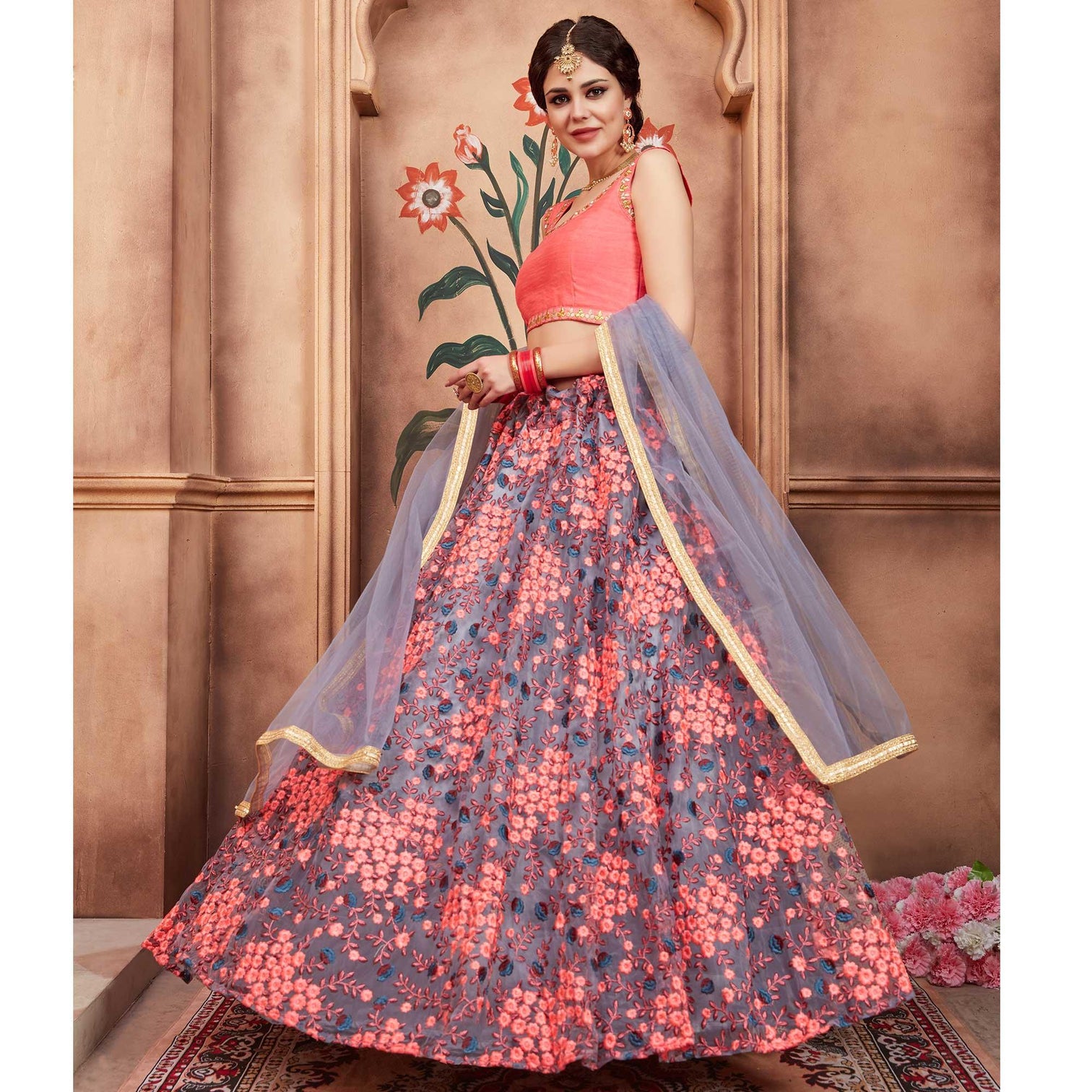 Grey Festive Wear Thread Zari Work Soft Net Lehenga Choli
