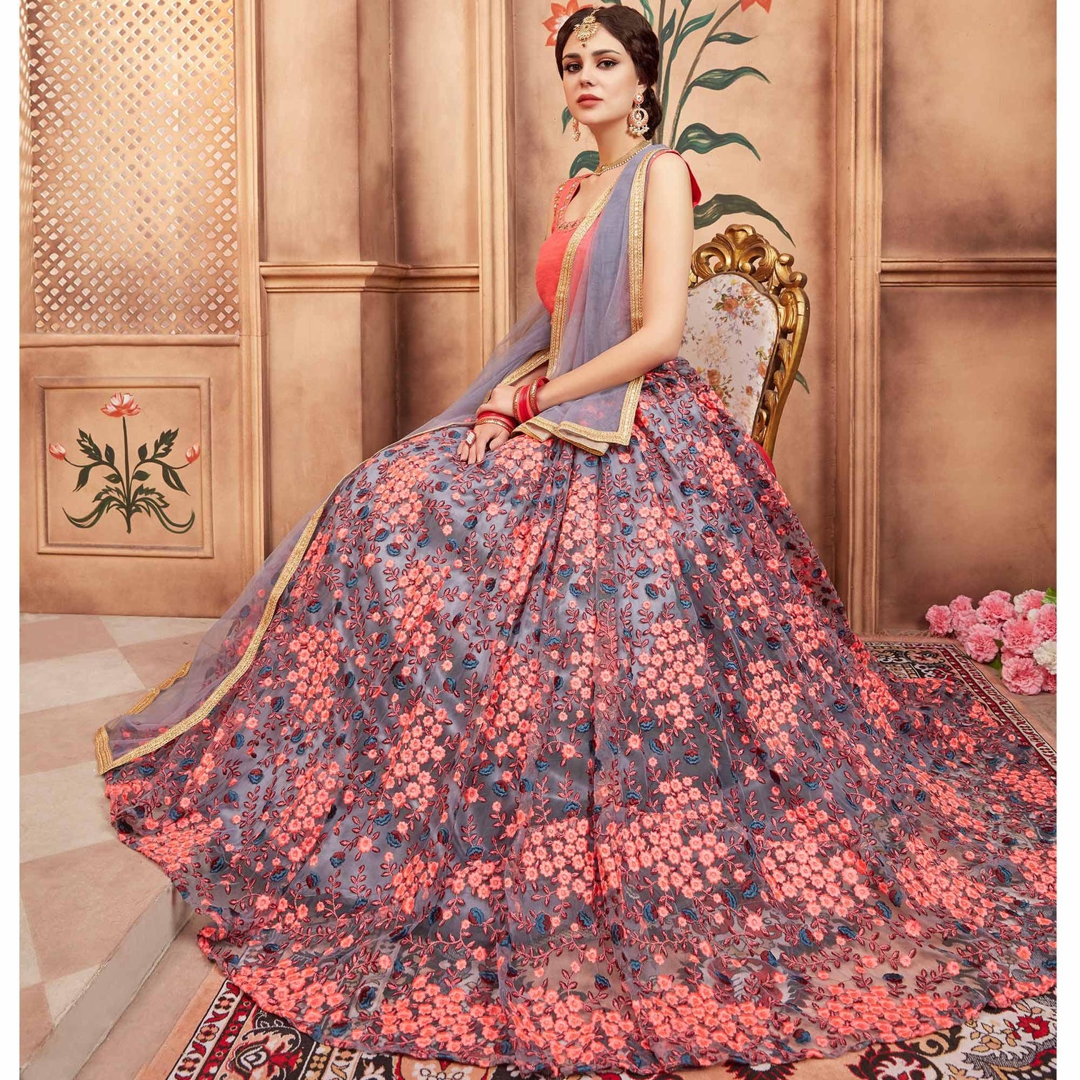 Grey Festive Wear Thread Zari Work Soft Net Lehenga Choli