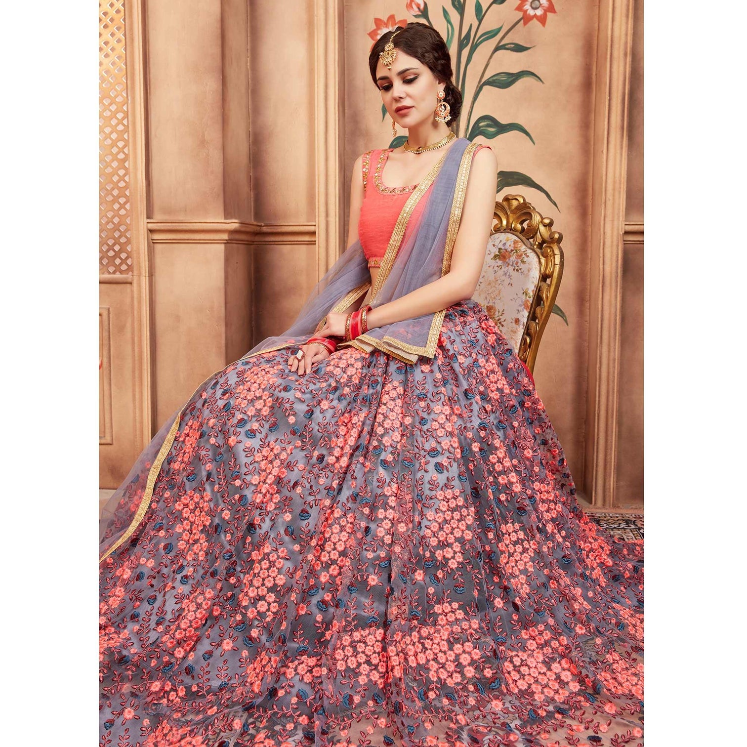Grey Festive Wear Thread Zari Work Soft Net Lehenga Choli