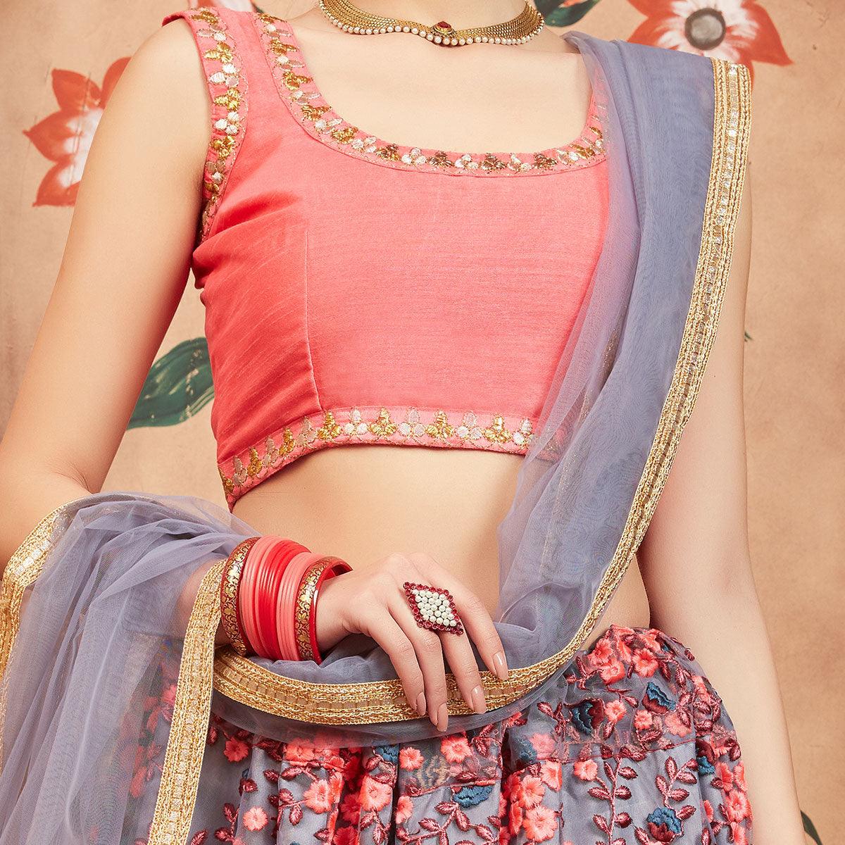 Grey Festive Wear Thread Zari Work Soft Net Lehenga Choli
