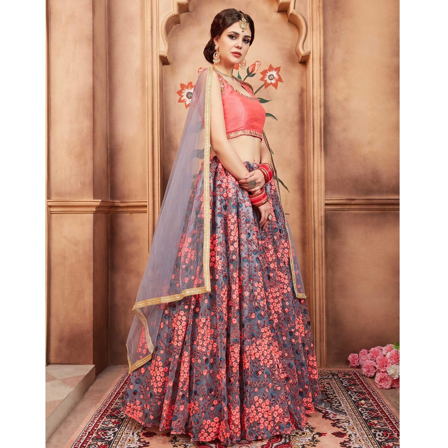 Grey Festive Wear Thread Zari Work Soft Net Lehenga Choli