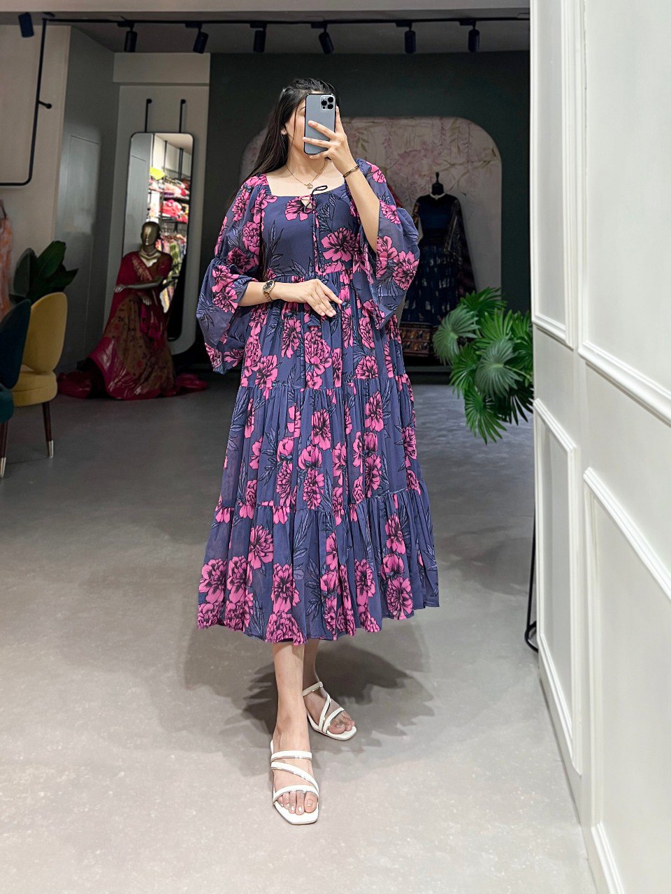 Grey Flowy Georgette Floral Print Frock for Women