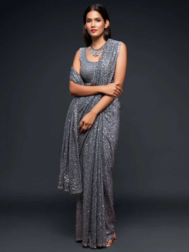 Grey georegette sequins embroidered trendy saree