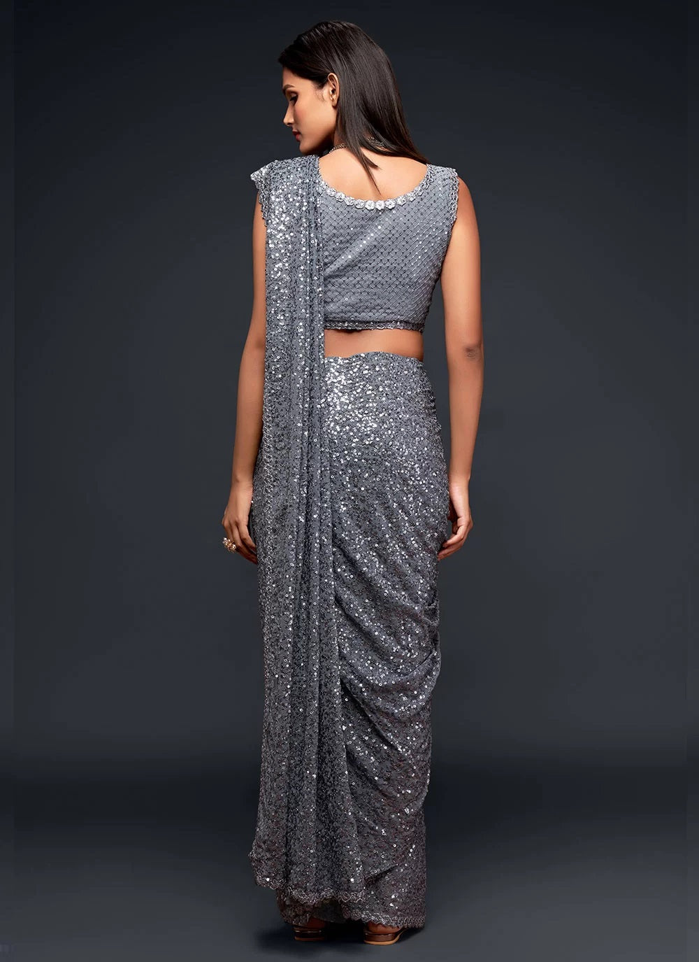 Grey georegette sequins embroidered trendy saree