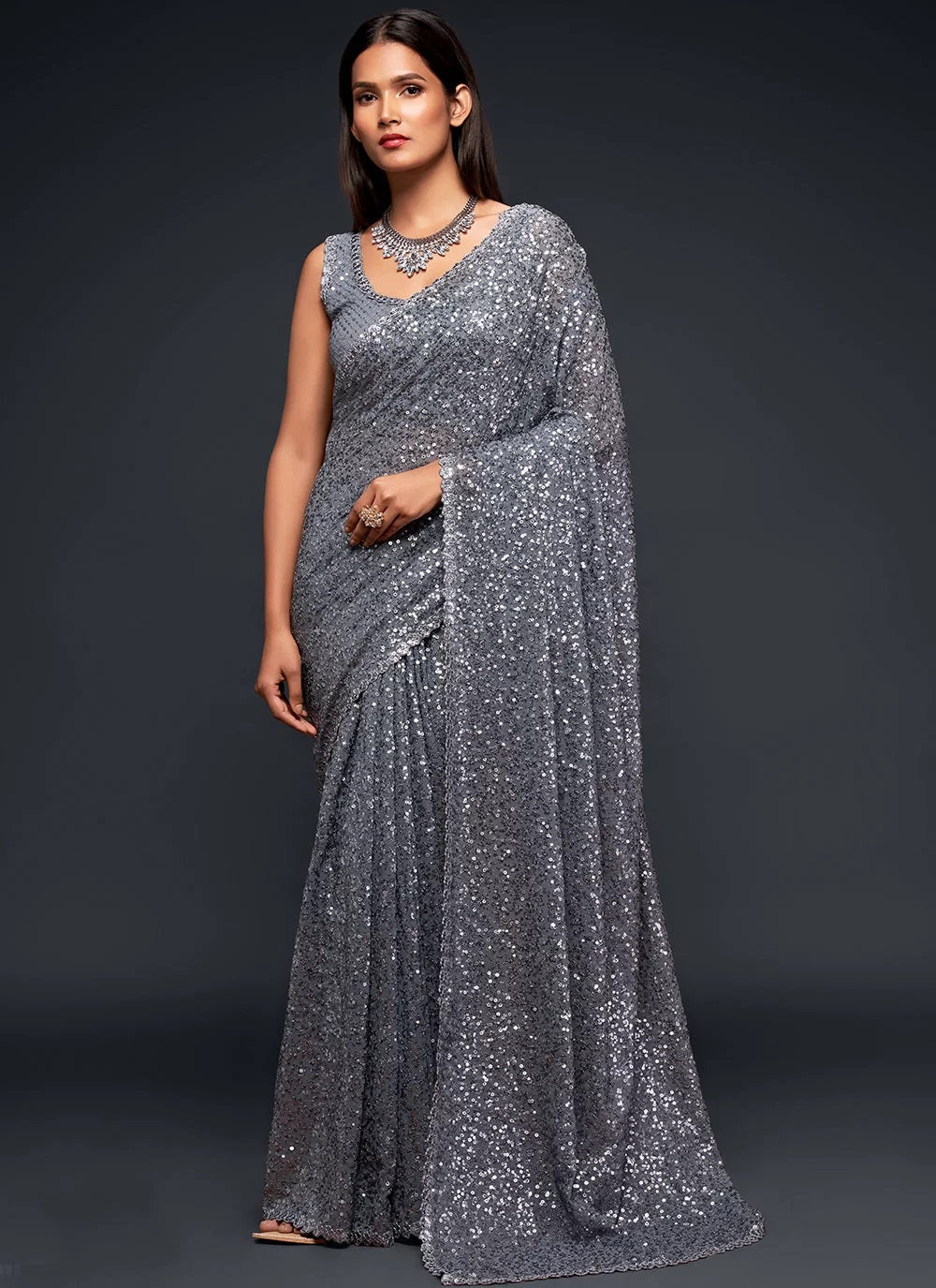 Grey georegette sequins embroidered trendy saree