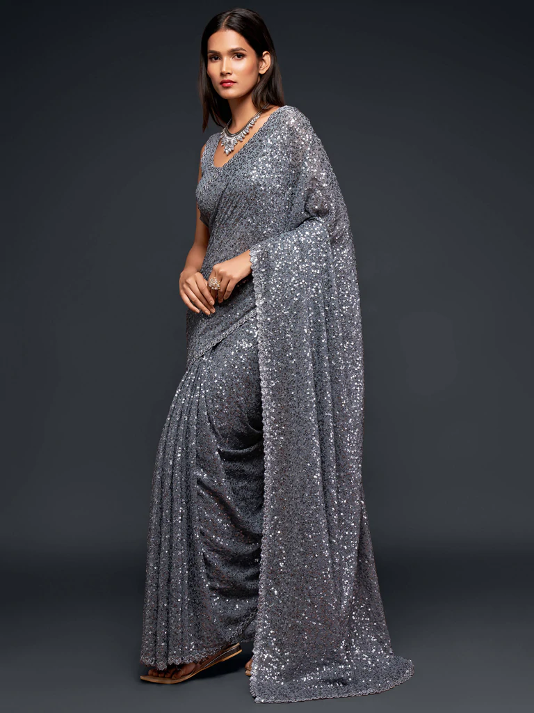 Grey georegette sequins embroidered trendy saree