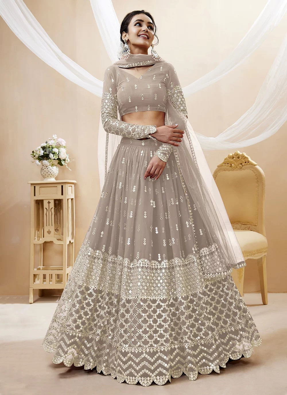 Grey georgette sequins and zari embroidery indian choli and ghagra