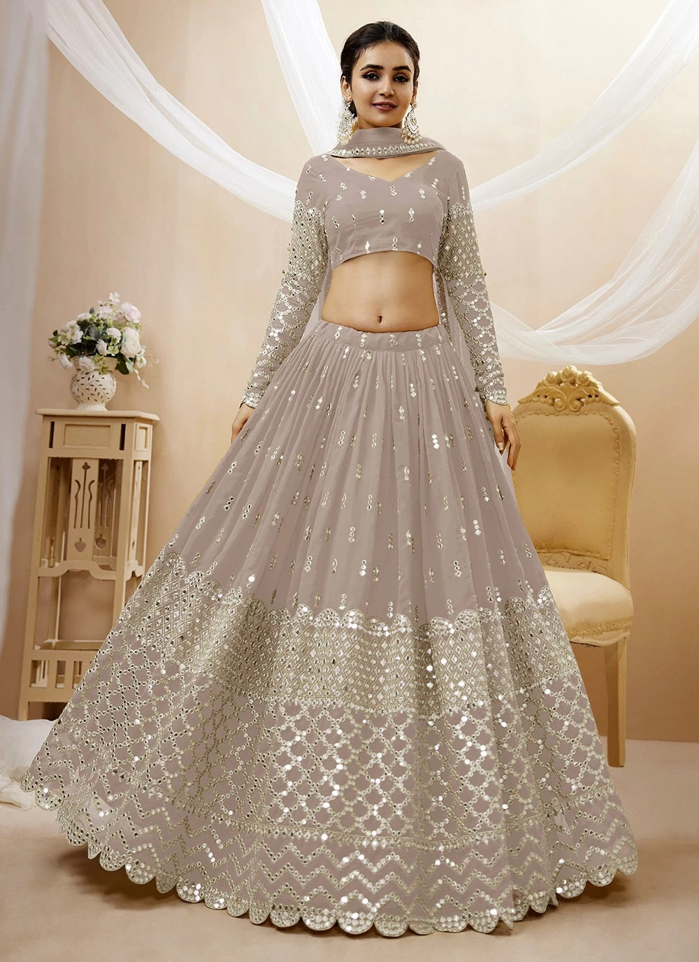 Grey georgette sequins and zari embroidery indian choli and ghagra