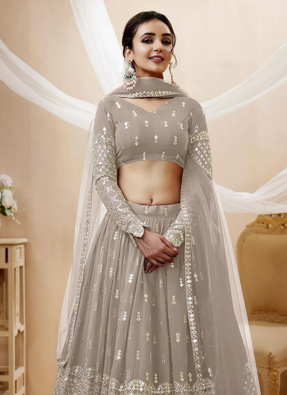 Grey georgette sequins and zari embroidery indian choli and ghagra
