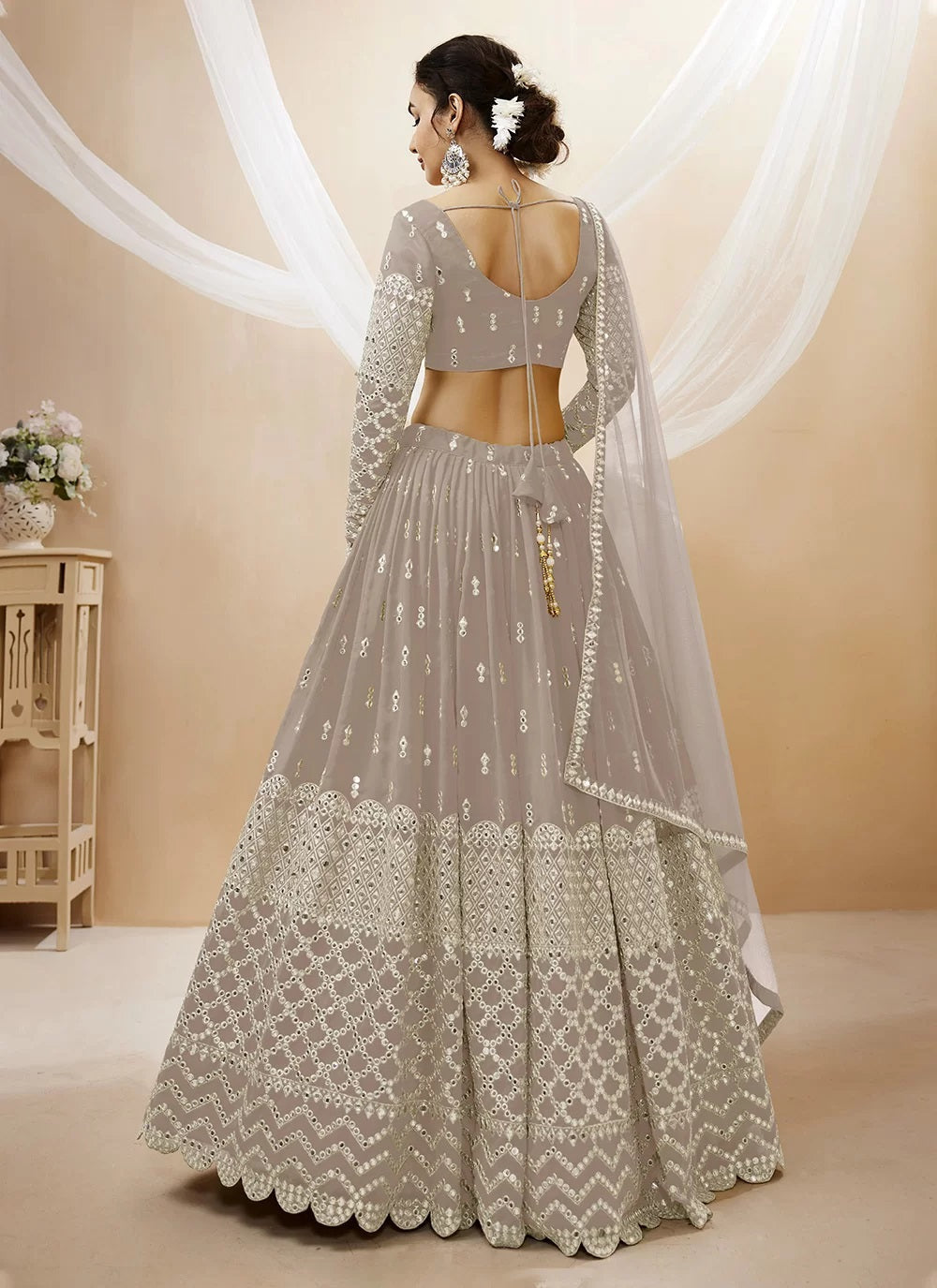 Grey georgette sequins and zari embroidery indian choli and ghagra
