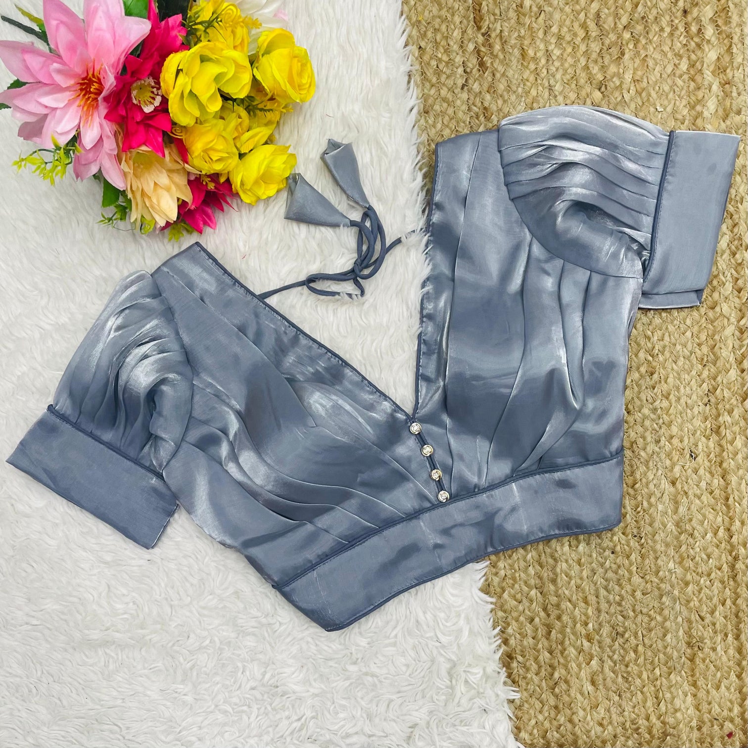 Grey Glamorous Ruffled Metallic Blouse