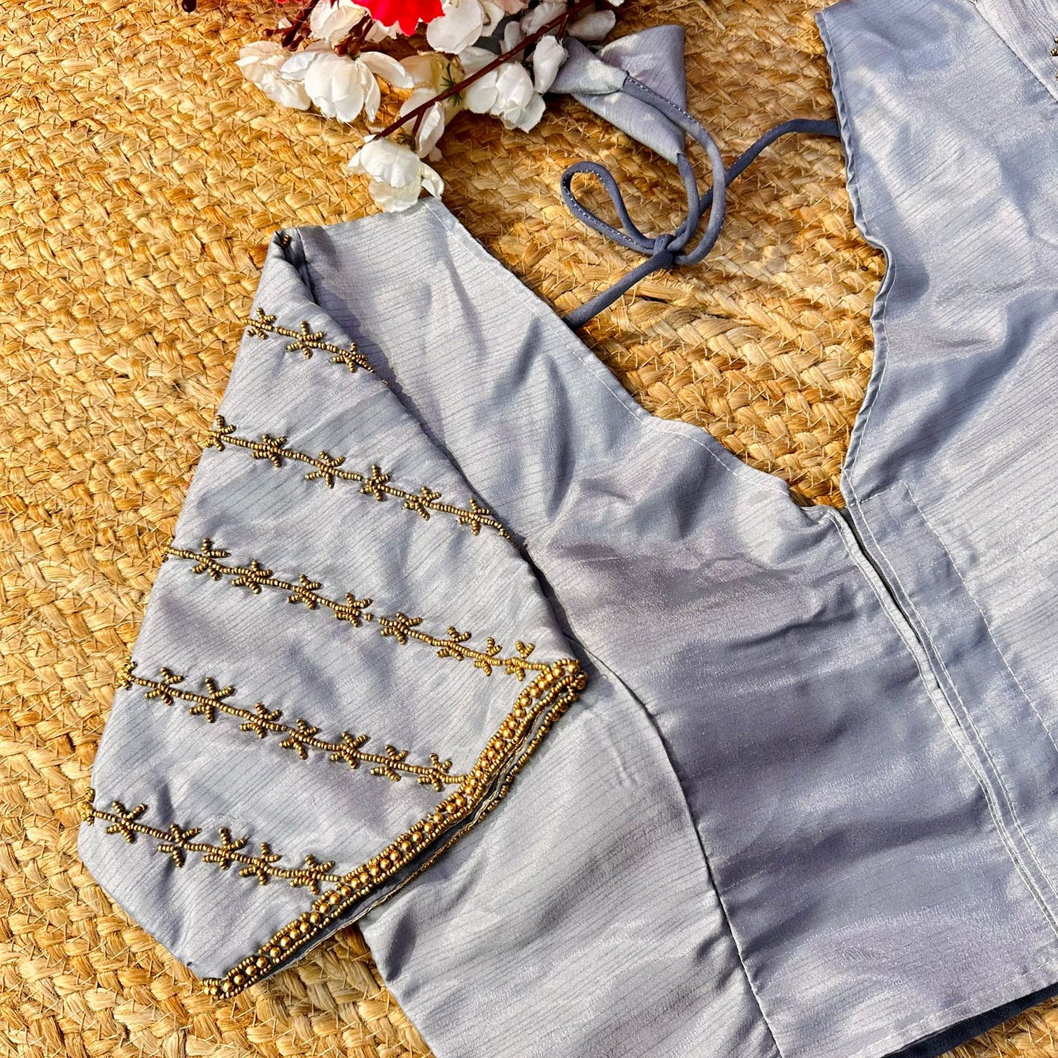 Grey Golden Burberry Silk Blouse with Intricate Handwork